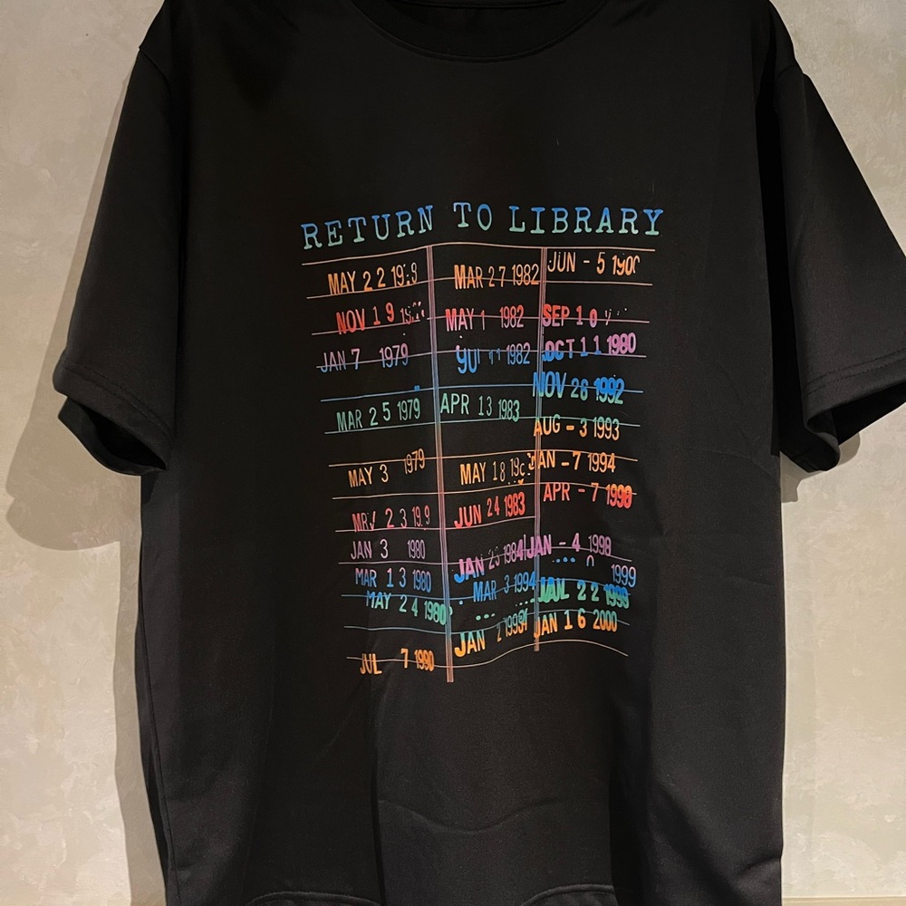 Return to Library Black Graphic Tee with Multicolor Date Print
